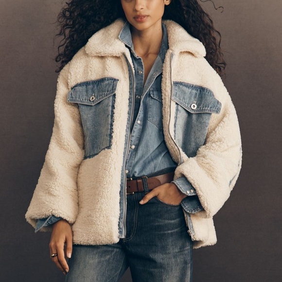 Anthropologie Cream Sherpa Jacket with Denim Panels - Women - Picture 2 of 4